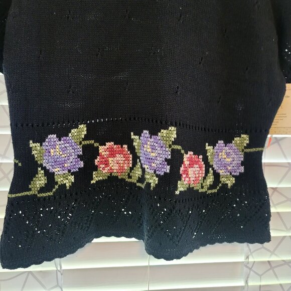 1990 Vintage Deadstock Susan Bristol Hand Embroidered Floral Knit Sweater Sz 38 - Picture 2 of 10